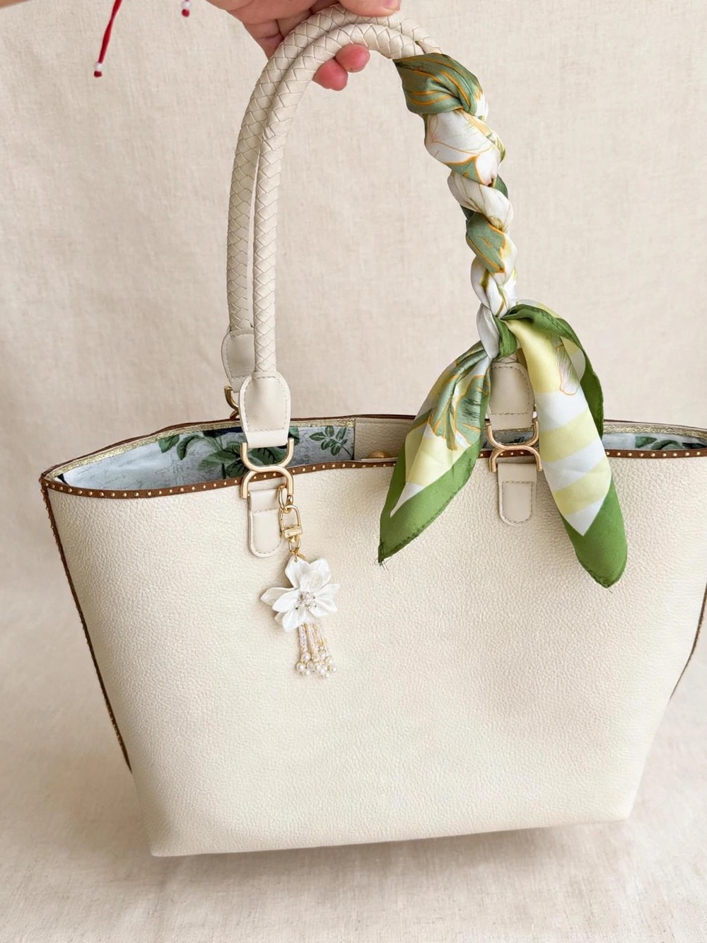 Cream Braided-Handle Tote with Green Scarf Accent